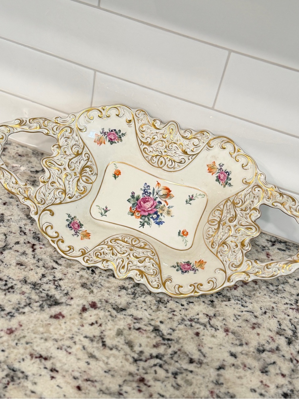 Antique JLMENAU German Floral Porcelain Serving Tray in Cream and Enameled Gold